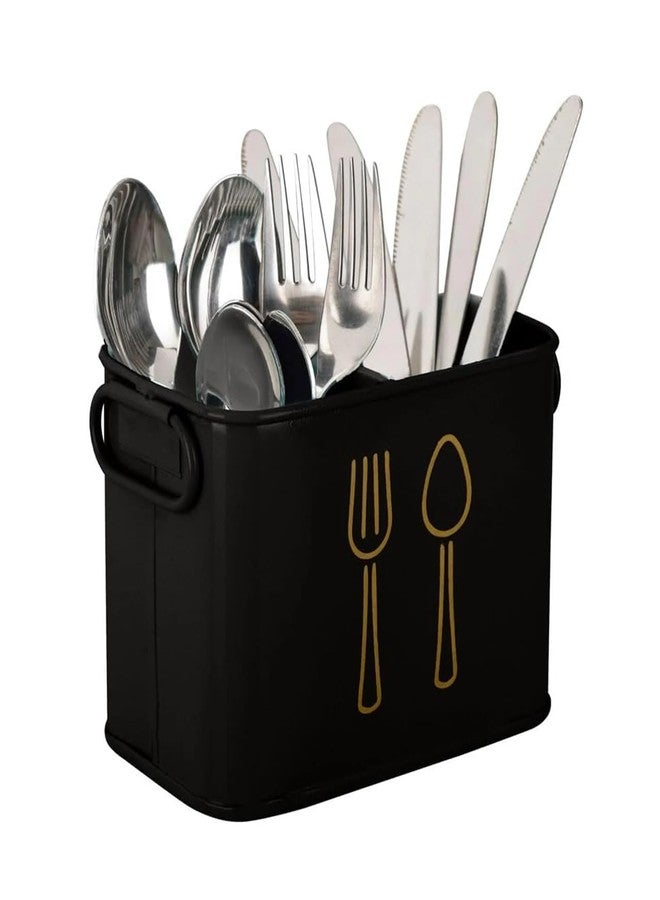 AG Enterprises Metal Utensil Holder, Black Dual-Compartment Cutlery Organizer, Gold Fork Spoon Design, Kitchen Countertop Flatware Caddy - Image 1